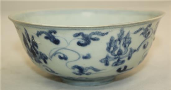 A Chinese Longquan celadon dish and a Ming dynasty lotus bowl, 15th / 16th century, diam. 15cm